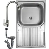 Markenlos Deftrans – Spülbecken Küche 80x60 cm aus Edelstahl mit Abtropffläche – Spüle mit Armatur Set komplett mit Wasserhahn – Spülbecken mit Armatur und Siphon – Edelstahl Spülbecken aufliegend für 80 cm Unt