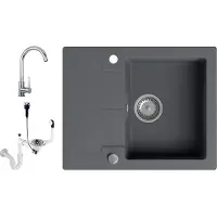 Markenlos Caro Granitspüle mit Armatur 1 Becken mit Siphon in 3 Farben - Spülbecken Arbeitsplatte Küche Waschbecken mit Wasserhahn - 59,5 x 47,5 x 17,2 cm Spüle mit Abtropffläche in Titan