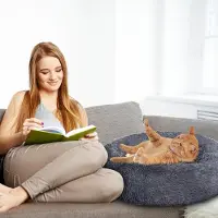 Eikuavons Rundes Hundebett Katzenbett Ø 100 cm, Langplüsch, rutschfester Boden, Dunkelgrau