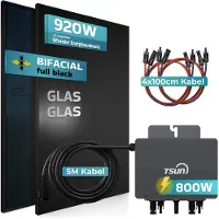 SUNNIVA 920W Balkonkraftwerk BIFAZIAL FULLBLACK komplett Steckdose TSUN 800W Wechselrichter, PV Solaranlage, 5m Kabel, Bluetooth WIFI