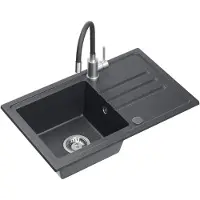 Quadron Granitspüle BEN 111 GraniteQ Küchenspüle Einbeckenspüle 70x44x17,5 cm, Spülbecken Set mit flexibler Armatur & Siphon, Schwarz