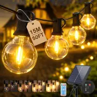 Salcar Solar Lichterkette Außen, 15M LED Lichterkette Aussen 20+1 G40 Glühbirnen Dimmbar mit Fernbedienung 8 Modi Solarlichterkette Outdoor für Garten