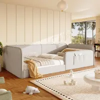 Merax Polsterbett 90x200 cm, Kinderbett mit gepolstertem Sicherheitsrahmen und Seitentaschen, Linen Bodenbett, Einzelbett für Jugendliche, Beige
