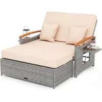 KOMFOTTEU Sonnenliege Rattan, Gartenliege mit Ottomane, Doppelliege mit verstellbarer Rückenlehne & klappbarem Seitenablage, Gartensofa mit Liegefunktion, Sonneninsel mit Stauraum, Balkonmöbel