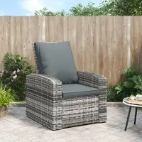 Markenlos Grauer Gartensessel aus Polyrattan mit anthrazitfarbenem Kissen, für Terrasse und Außenbereiche, mit stabilem Stahlgestell und manuell verstellbarer Funktion