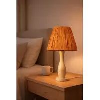 Opviq , Hochwertige Tischlampe mit Holz-Korpus, Rafia-Schirm Ø25 h:20 cm, Höhe 47 cm, Kabel 150 cm, E27 Fassung, max. 40 W, Cremefarben, Boho-Rustikal, IP20.