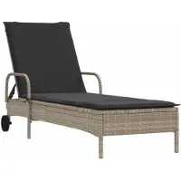Markenlos Sonnenliege mit Rollen aus Poly-Rattan, 3-fach verstellbarer Rückenlehne und Kissen, für Terrasse und Garten, hellgrau, 200 cm