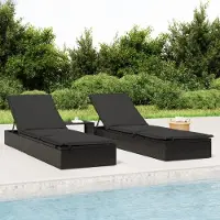 Markenlos Sonnenliegen, 2 Stück, mit Tisch, schwarz, Poly-Rattan, 28kg