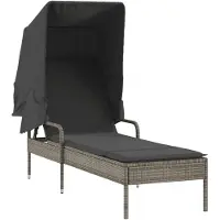 Markenlos Graue Sonnenliege mit Dach aus Poly-Rattan für die Terrasse, 4-fach verstellbare Rückenlehne, Liegestuhl mit Kissen, 200 x 62 cm