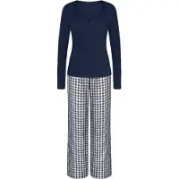 Triumph Schlafanzug "Elevated Sets PK LSL 01", Damen, Gr. 38, blau (blau, schwarz combination), Jersey, Obermaterial: 100% Baumwolle, lang, tiefer V-Ausschnitt, Homewear-Sets Schlafanzug