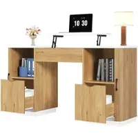 Merax Schreibtisch 140x50 cm mit höhenverstellbarer Tischplatte, Stauraum, 2 Schubladen & 2 offenen Fächern, Computertisch Weiß/Eiche