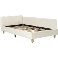 MODFU Polsterbett Einzelbett 90x200 mit Sicherheitsgitter Kinderbett mit gepolstertes Kopfteil und Massivholz-Bettbeinen ohne Matratze Beige