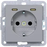 Hager Steckdose SCHUKO mit USB Typ C 2fach PD, 20W, A.x/C.x, titan metallisch, lackiert