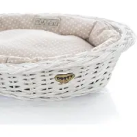 DOTTY Weiß gebleichter Weidenkorb für Hunde Wikikorb mit Baumwoll-Hundebett – Beige mit weißen Punkten Polka Dots –
