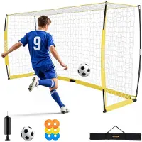 Vevor Fußballtor 3,6 x 1,8 m Klappbares Soccertor mit Fiberglasrahmen Gelb，für Fußballplätze Parks und Schulen, Polyesternetz bis 113 km/h, Bodenanker, Metallsockel und Oxford-Aufbewahrungstasche