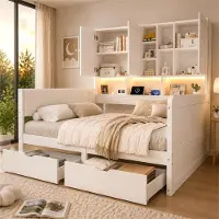 STILVORA Kinderbett 140x200 cm mit LED-Beleuchtung und USB-Ladeanschlüssen, Stauraumbett mit Schubladen und Polyurethangepolstertem Kopfteil, Tagesbett mit Regalen und Schränken,mit Matratze