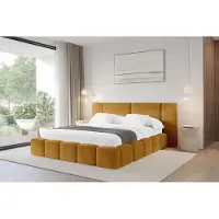 ALTDECOR Polsterbett mit Bettkasten - NILO - 140x200 - Senfgelb - Bett mit Matratze H3/H4, Doppelbett mit Stauraum und Latternrost, Boxbett mit Kopfteil