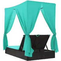 vidaXL Doppel-Sonnenliege mit Dach und Vorhängen Schwarz Poly-Rattan