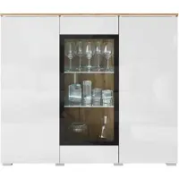 Mirjan 24 Türkommode Vera 120, Stilvoll Wohnzimmer, Kommode mit drei Drehtüren (Farbe: Wotan Eiche / Weiß Hochglanz, mit weißer LED Beleuchtung)
