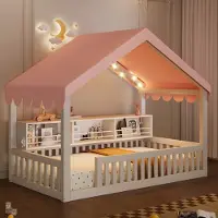 Flieks Kinderbett 90x200cm mit Led, Hausbett mit Baldachin und Bücherregal, Bodenbett Einzelbett Spielbett mit Rausfallschutz, ohne Lattenrost, Weiß