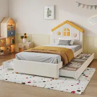 Flieks Kinderbett 90x200cm mit 4 Schubladen, Hausbett Einzelbett mit Lattenrost, Polsterbett Stauraumbett mit Haus-Kopfteil, Samt, Beige