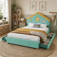 STILVORA Kinderbett 140x200 cm mit 4 Schubladen, Hausbett mit Stauraum und Haus-Kopfteil, Polsterbett mit französischem Samt, Blaugrün