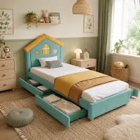 OKWISH Kinder-Hausbett 90×200 mit 4 Schubladen, Einzelbett mit gepolstertem Haus-Kopfteil, Polsterbett in Blaugrün,ohne Matratze