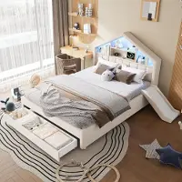 STILVORA Kinderbett 140x200 cm mit Rutsche und LED-Beleuchtung, Hausbett mit Ladeanschluss und Kopfteil-Regal, Polsterbett mit großem Bettkasten