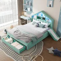 OKWISH Kinder-Hausbett 140×200 mit Rutsche,LED und Ladeanschluss,Einzelbett mit Kopfteil-Regal und Schubladen,Grün, ohne Matratze