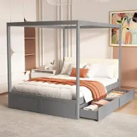 Merax Himmelbett 140x200cm mit 2 großen Schubladen, Kinderbett mit gepolsterter Rückenlehne, Doppelbett Zeltbett mit Stauraum, Grau