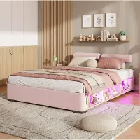 STILVORA Polsterbett Samt Rosa 140x200 cm mit LED-Seitenregal, offenem Stauraum und 3-seitigen Kopfstützen