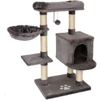 Famanu Kratzbaum für Katzen - Höhe 93 cm - Sisal & Plüsch - Komfortable Liegeplätze & Höhlen - Dunkelgrau
