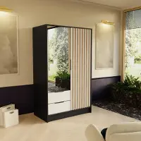 Masseno Drehtürenschrank PELOR 102/200/51 cm Modern Kleiderschrank 2-türig mit Spiegel Schwarz