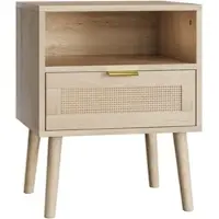 OKWISH Nachttisch MDF und Spanplatte Eichefarben 45x40x55 cm mit 1 Schublade und offenem Fach in Rattan-Optik
