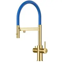 VIZIO 5 Wege Wasserhahn Küchenarmatur, Edelstahl Massiv mit 360° schwenkbarem Auslauf, abnehmbare 2 strahl Handbrause, Satin Gold PVD / Blau