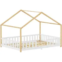 En.casa Kinderbett ’Treviolo‘ in Haus-Optik mit Rausfallschutz Kiefernholz 120 x 200 cm Weiß / Natur