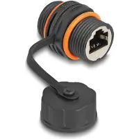 DeLOCK Kabelverbinder RJ45 Buchse zu RJ45 Buchse Cat.6A mit M20 Gewinde und Verschlusskappe IP68 staub- und wasserdicht, RJ45, RJ45, Schwarz