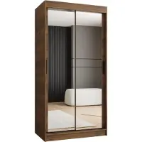 MEBLE KRYSPOL Kryspol - Schwebetürenschrank - Kleiderschrank mit Spiegel - 100 cm Breit x 200cm(H) x 62cm(T), 2 Türen, Laminierte Möbelplatte, RUBINO T3 100, Farbe Nussbaum Warmia, Griff: Schwarz