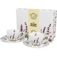 DUO sp. z o.o. DUO FLORAL 2er-Set Espressotassen 90 ml CLASSIC LAVENDER mit Untertassen, New Bone China Porzellan