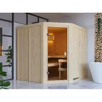 Karibu Elementsauna Celine 3 Fichte 68 mm, Innensauna für 2 3 Personen, Systembauweise mit bronzierter Ganzglastür, 3 Liegen, Ofenschutzgitter, energiesparend