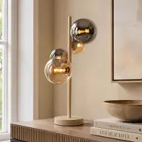 LumenXL Tischlampe Tessera in Beige mit vier Glaskugeln in Amber und Rauchglas