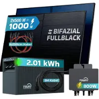 SUNNIVA 1000W Balkonkraftwerk mit 2,01 kWh Speicher TSUN SOLARCAN TSOL-DCU2000Lite, 2x 500W BIFAZIAL FULLBLACK komplett Steckdose, Solarspeicher