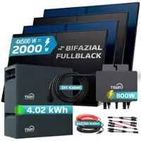 SUNNIVA 2000W Balkonkraftwerk mit 4,02 kWh Speicher TSUN SOLARCAN TSOL-DCU2000Lite, BIFAZIAL FULLBLACK komplett Steckdose, PV Solaranlage Komplettset mit Solarspeicher, 4x 500W Glas-Bifacial