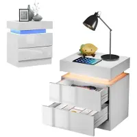 StarTech.com Nachttisch mit 2 Schubladen - Beistelltisch Schlafzimmer - LED Beleuchtung UV - USB Anschlüsse - Modernes Holzdesign - Weiß