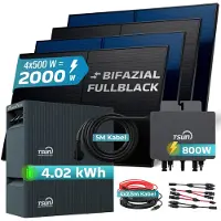 SUNNIVA 2000W Balkonkraftwerk mit 4,02 kWh Speicher TSUN SOLARCAN TSOL-DCU2000Lite, 4x 500W BIFAZIAL FULLBLACK komplett Steckdose, Solarspeicher