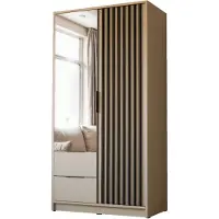 Lookway Zweitüriger Kleiderschrank NELA mit Lamellen 105 cm mit Spiegel, Kaschmir / Kaschmir + Schwarz
