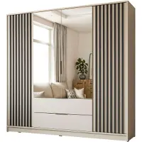 Lookway Viertüriger Kleiderschrank NELA mit Lamellen 206 cm mit spiegel, Kaschmir / Kaschmir + Schwarz
