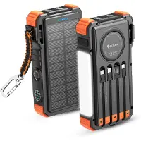 Siltcon Solar-Powerbank 20000 mAh – 15 W kabellos – 22,5 W Schnellladen – 4 integrierte Kabel – LED-Anzeige und Taschenlampe