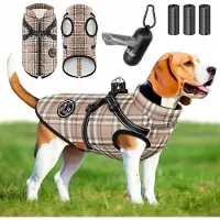 LOVPET Hundejacke Hundemantel mit Geschirr, inkl. 45 Stück Kotbeutel + Spender, Hunde Winterweste gefüttert wasserdicht, Gepolsterte Weste Mit Brustgurt, Reflektoren, D-Ring