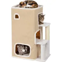 Relaxdays Katzenhaus 3-stöckig, Katzenhöhle mit Ball & Kratzbaum, HxBxT: 83,5x43x34 cm, Tierhöhle indoor, Stoff, beige